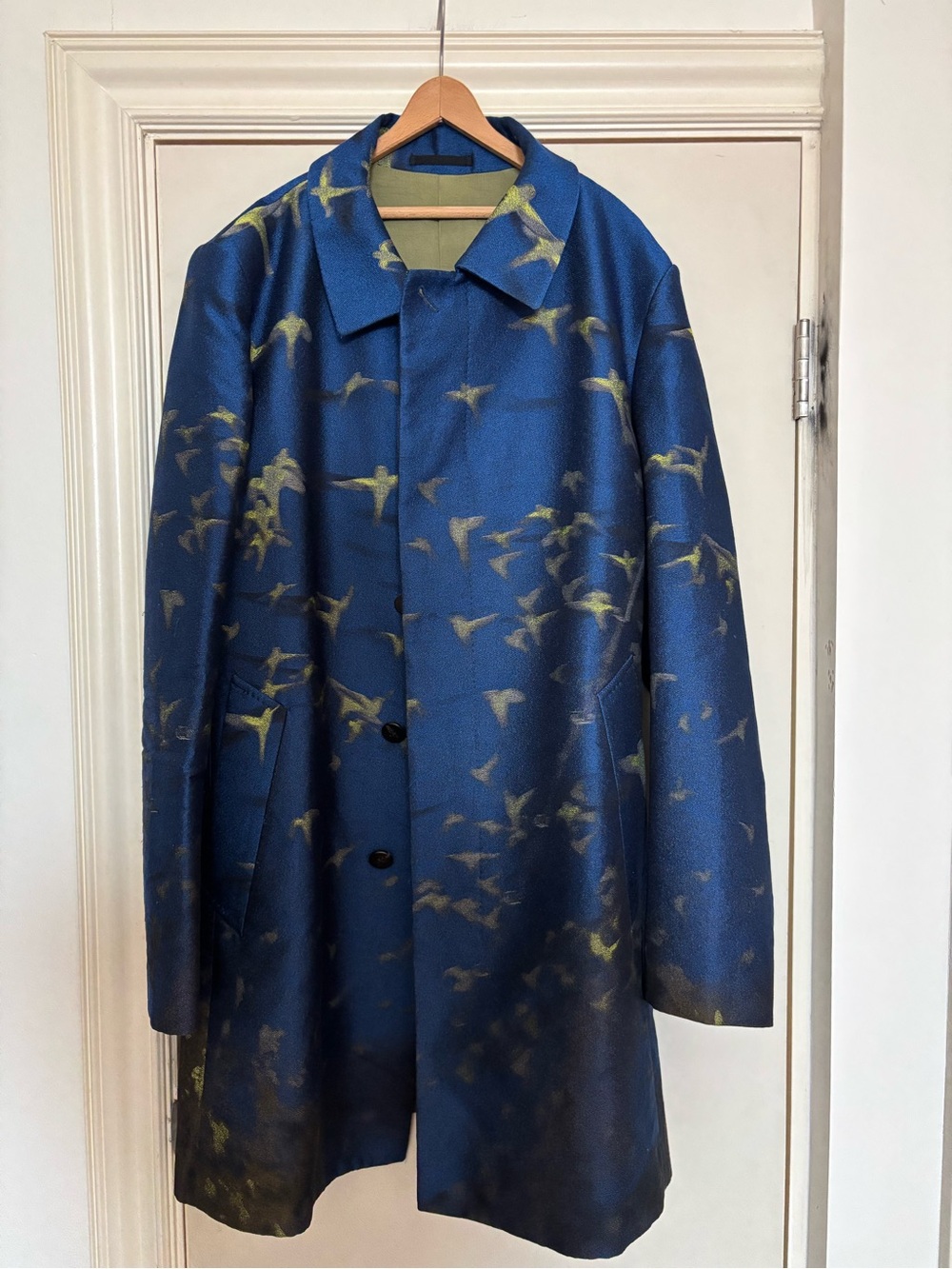 Vintage Issey Miyake Men's Blue Patterned Overcoat - Spring Coat size large